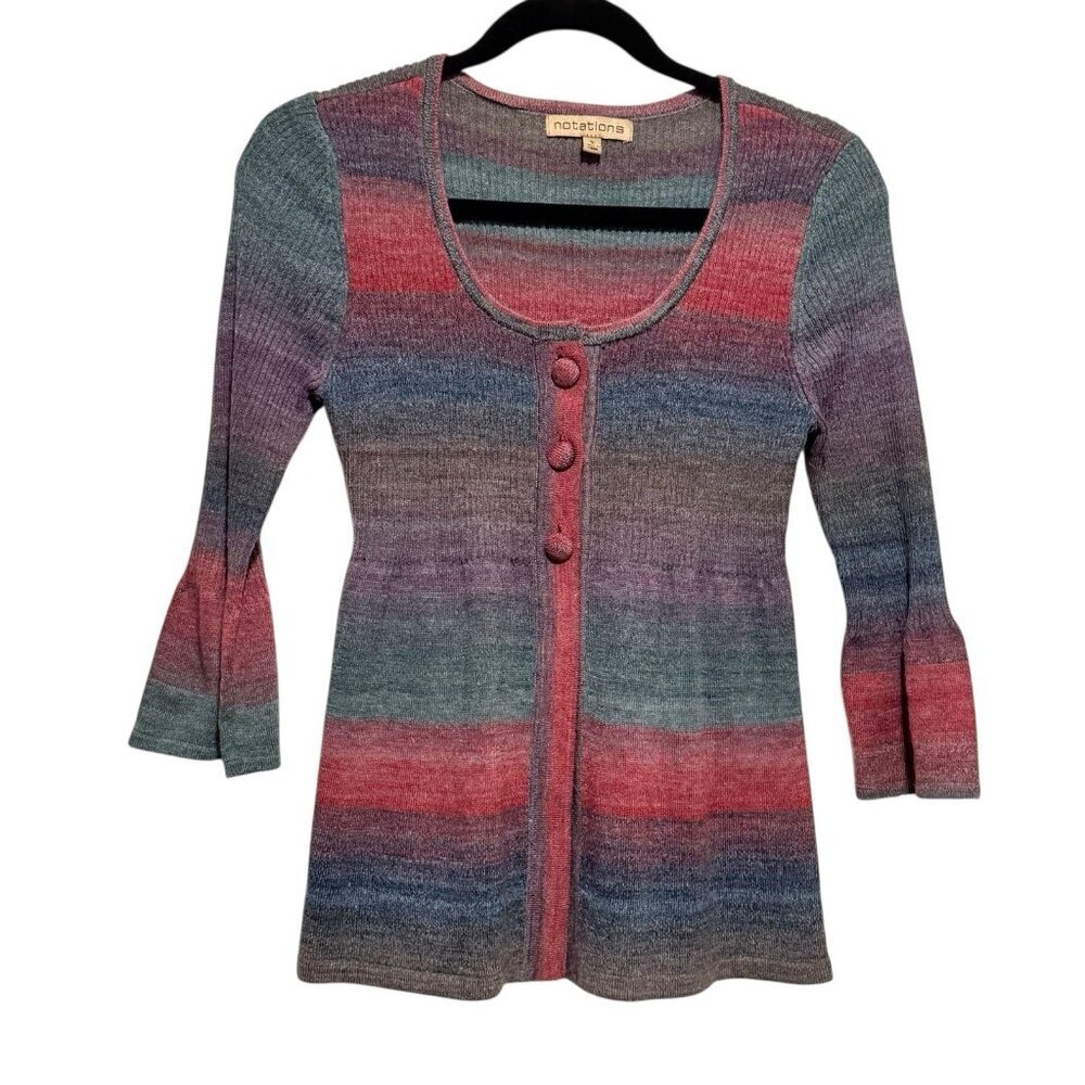 Y2K Notations Rainbow Ombré Ribbed Babydoll Womens Cardigan Sweater Sz Small - Picture 2 of 10